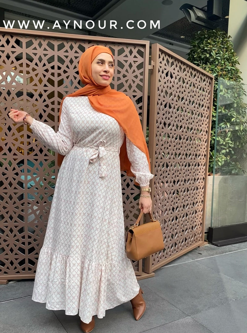 Adorable sunny and White shapes Modest Dress - Aynour.com