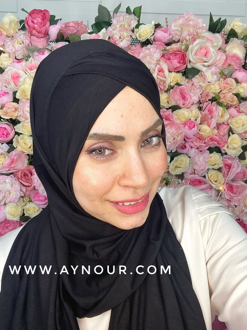 Black instant cotton cross luxrious smart no pin scarf Instant Hijab 2021 - Aynour.com