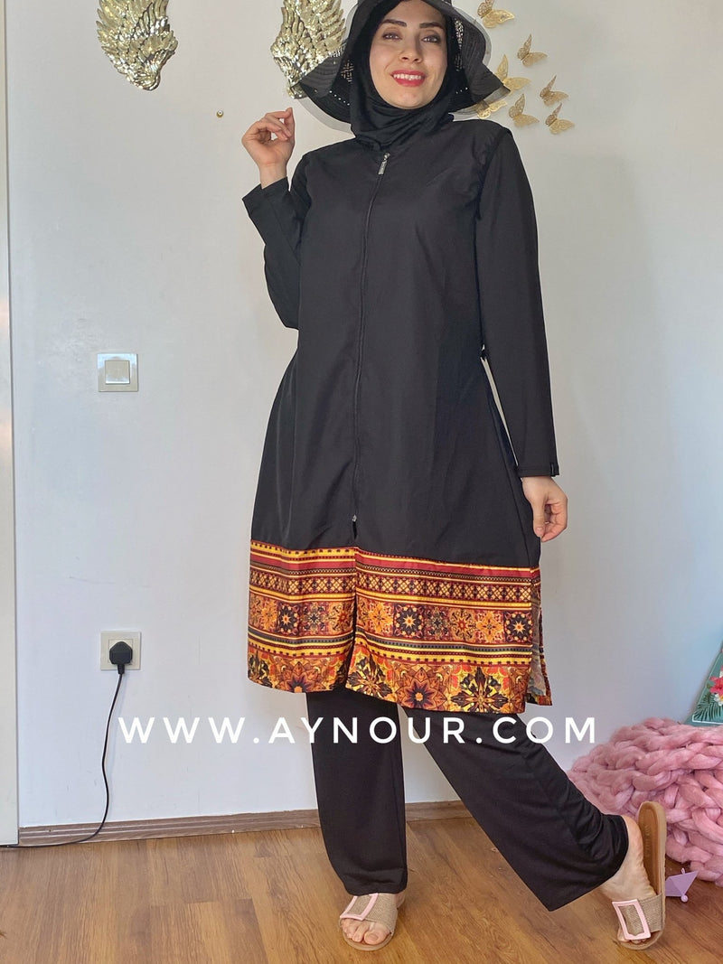 Black with classy drawing full suit 4 pieces swimming wear hijab burkini Collection - Aynour.com