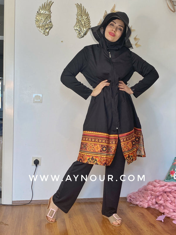 Black with classy drawing full suit 4 pieces swimming wear hijab burkini Collection - Aynour.com