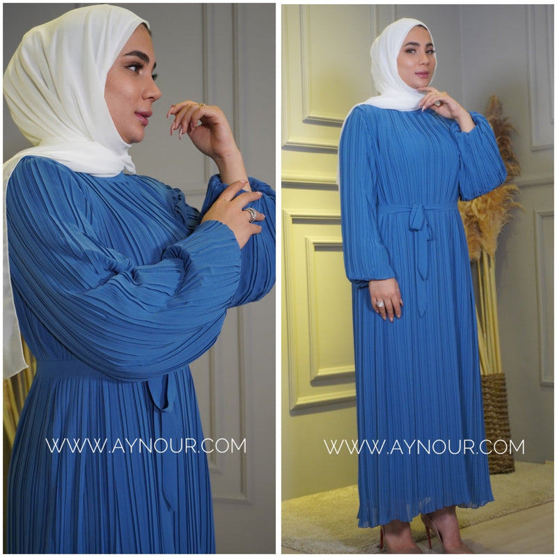 Blue Pleated chiffon with belt fully lined Modest Dress autumn collection 2022 - Aynour.com