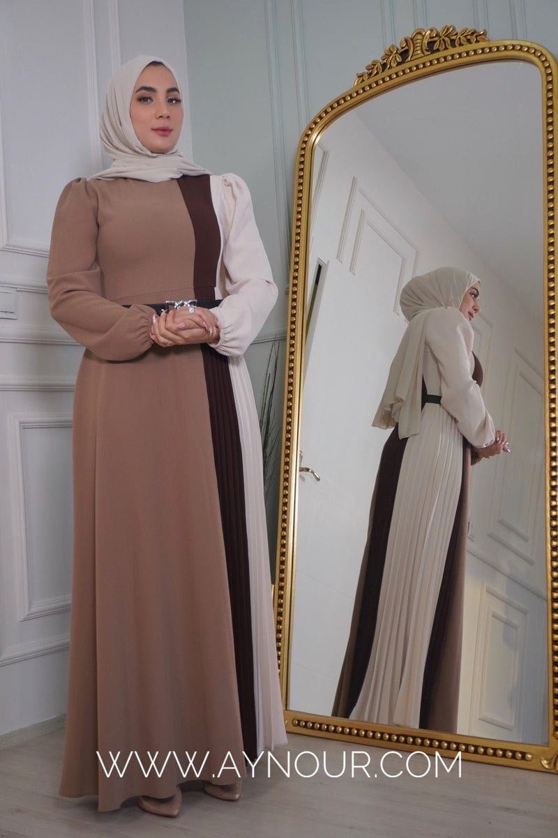 Brown three shades Modest Dress Eid collection 2022 - Aynour.com