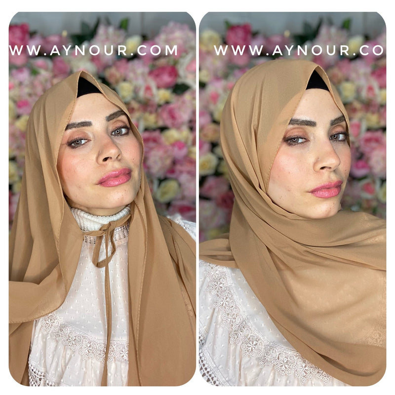 Caramel new ribbon no pin chiffon scarf Instant Hijab 2021 - Aynour.com