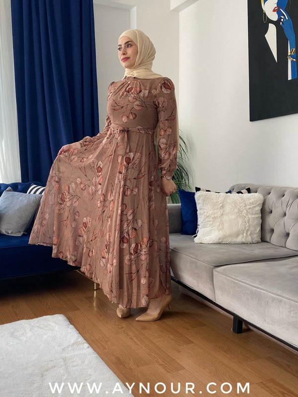Choco flowers vibes Modest Dress summer collection 2021 - Aynour.com