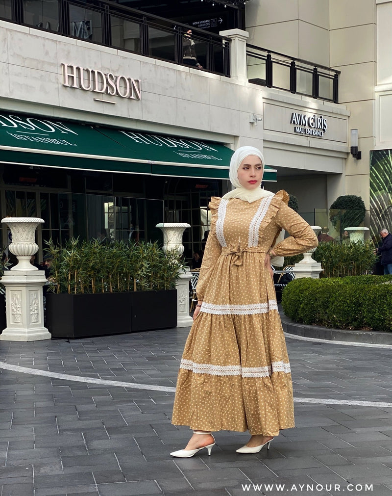 Cinderella yellow Modest Dress with belt spring collection 2021 - Aynour.com