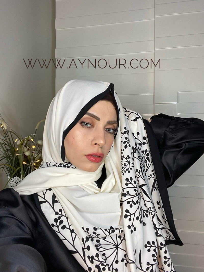 Flowers with white vibes Printed non transparent luxurious fabric Hijab 2021 - Aynour.com