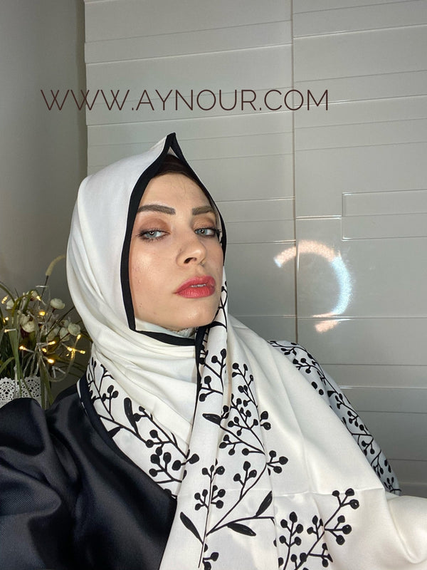 Flowers with white vibes Printed non transparent luxurious fabric Hijab 2021 - Aynour.com