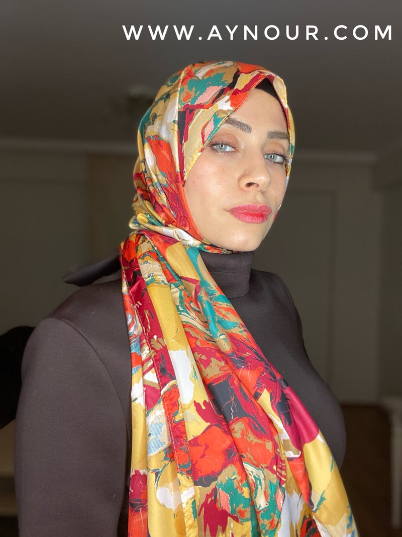 flowry red satin classy non transparent luxurious fabric Hijab 2021 - Aynour.com