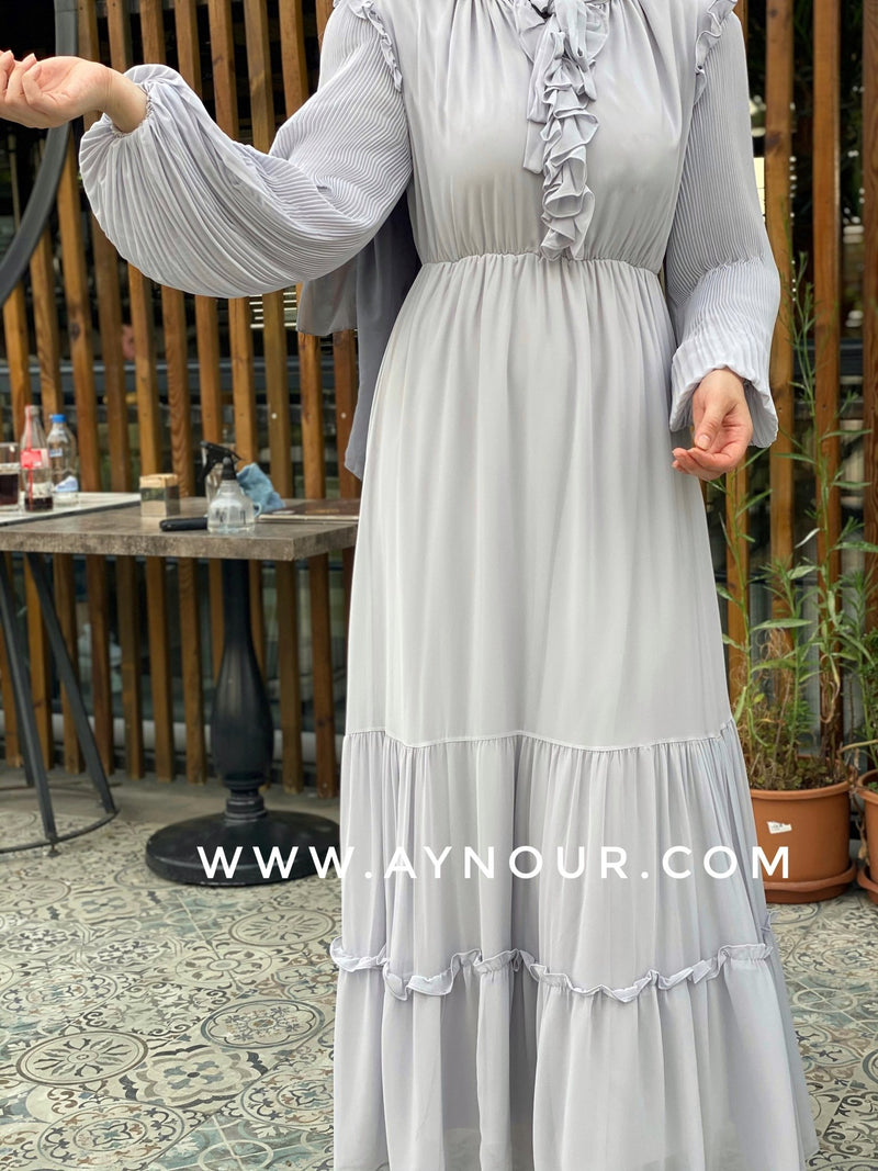 Gray love fully lined chiffon Modest Dress - Aynour.com