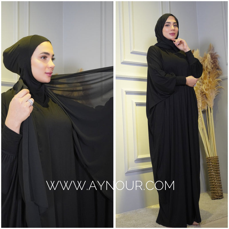Huda black Breathable Prayer dress with soft attached chiffon scarf - Aynour.com