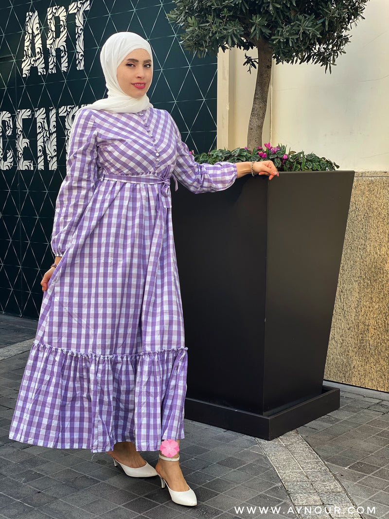 Square lavender and White  Prints Modest dress spring collection 2022