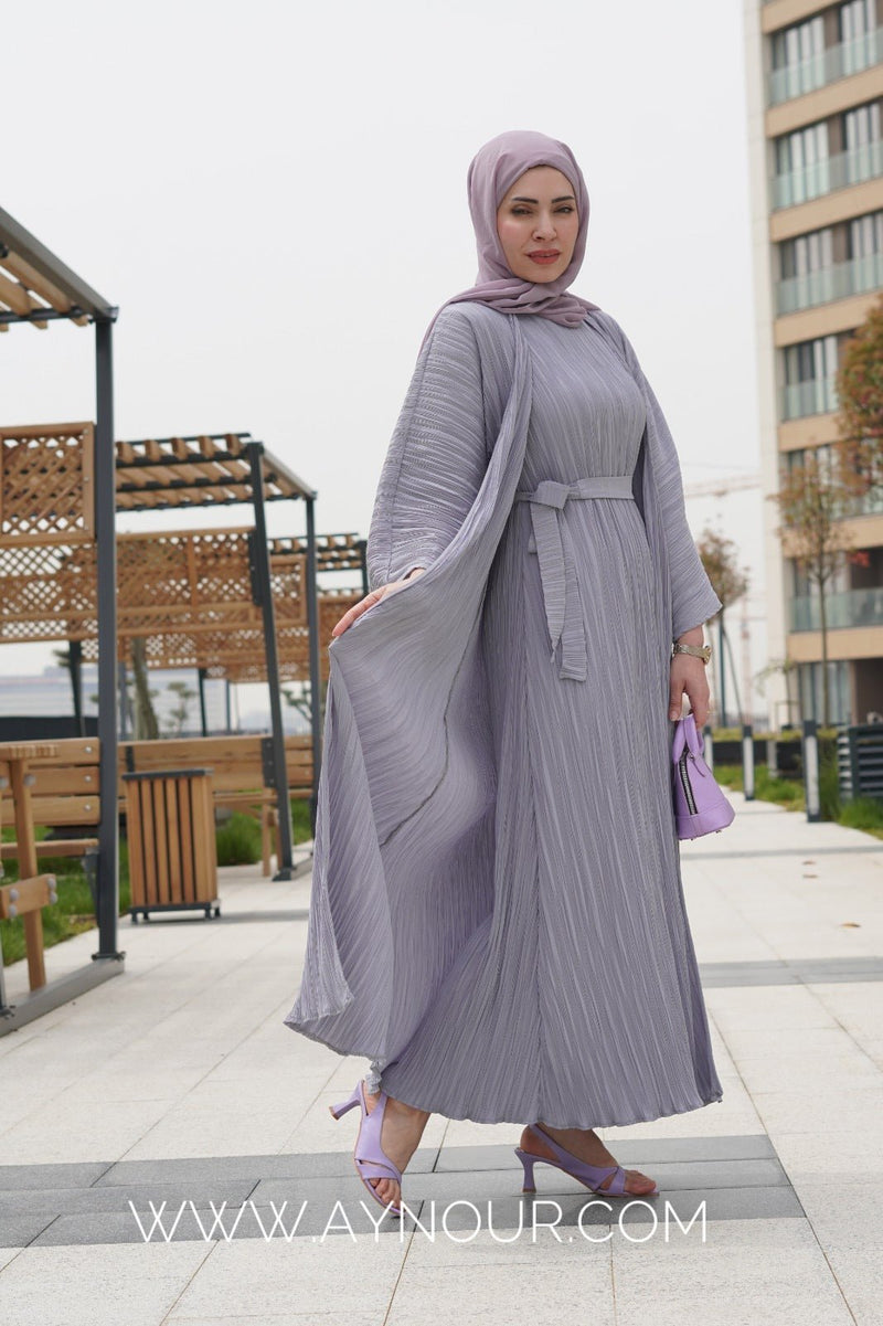 JOOD gray luxurious platted abaya 3 pieces - Aynour.com