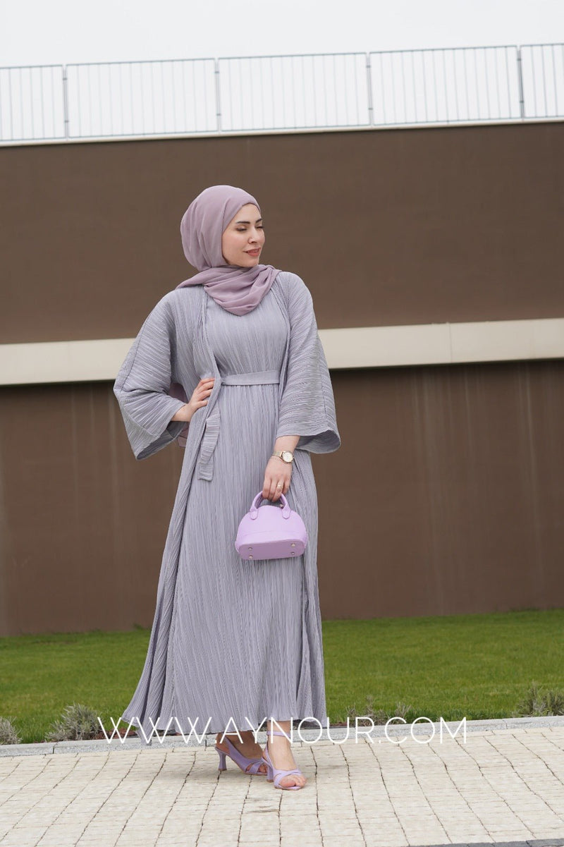 JOOD gray luxurious platted abaya 3 pieces - Aynour.com