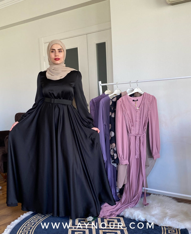 Luxurious black satin amazing Modest Dress with belt Eid collection 2021 - Aynour.com