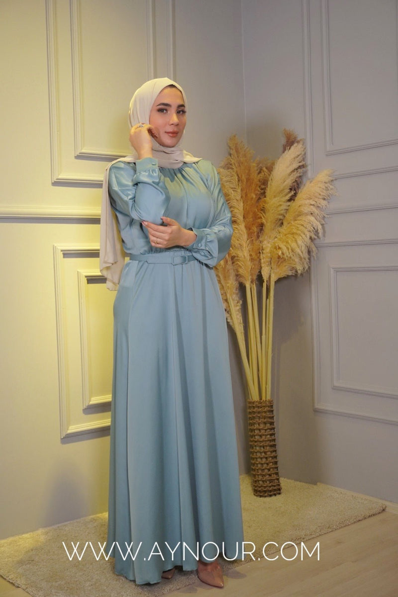 Mint satin glowry Modest Dress Eid collection 2022 - Aynour.com