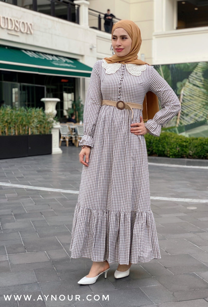 Natural vibes soft Modest Dress with belt spring collection 2021 - Aynour.com