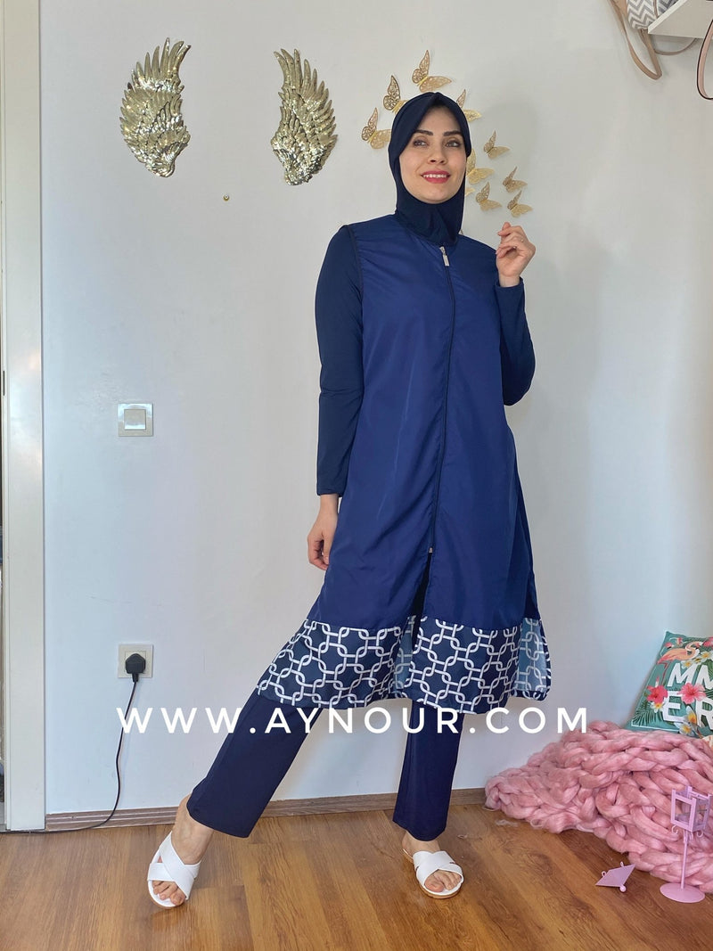 Navy with white full suit 4 pieces swimming wear hijab burkini Collection - Aynour.com