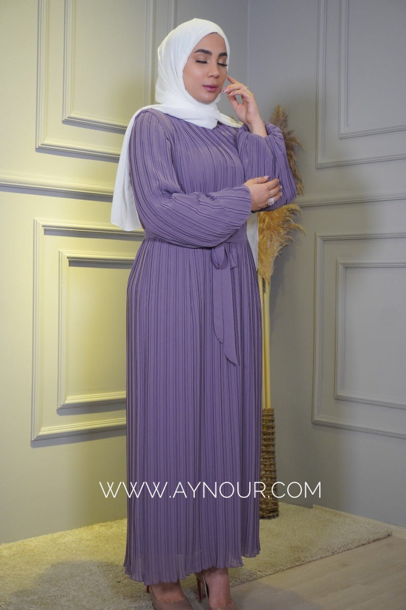 Purple Pleated chiffon with belt fully lined Modest Dress autumn collection 2022 - Aynour.com