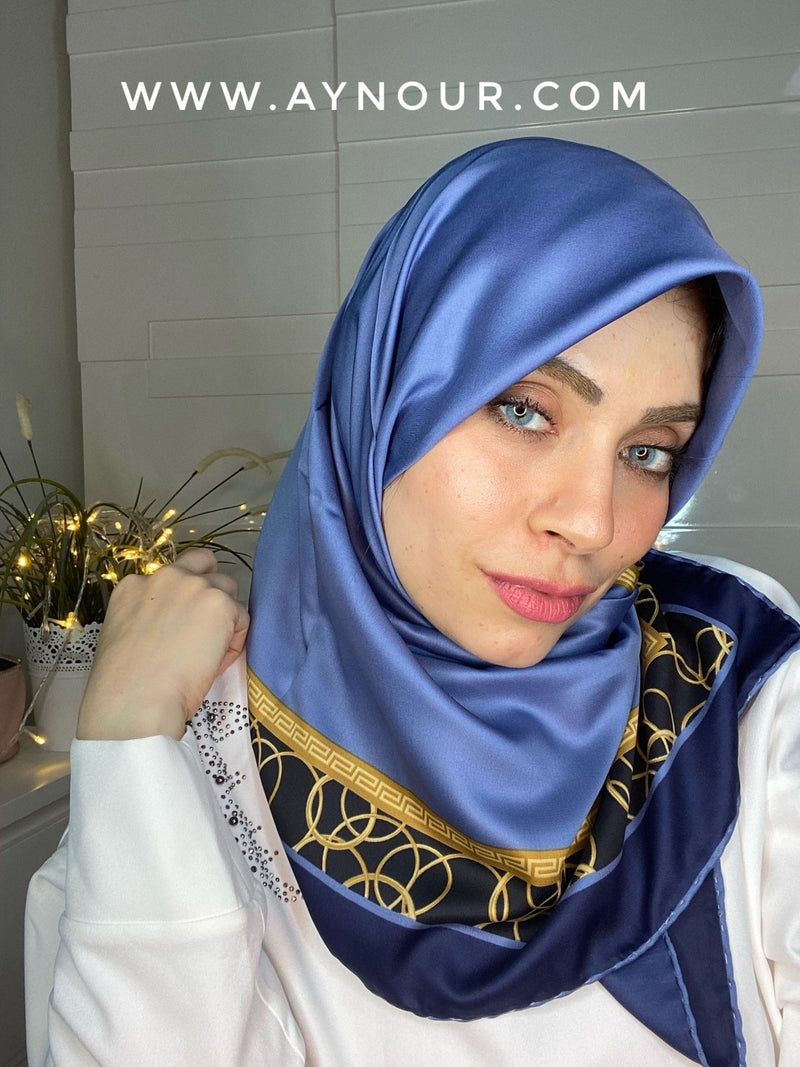 Royal blue and gold satin squared classy non transparent luxurious fabric Hijab 2021 - Aynour.com