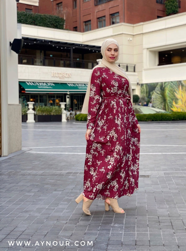 Ruby red with flowers Modest Dress with belt spring collection 2021 - Aynour.com