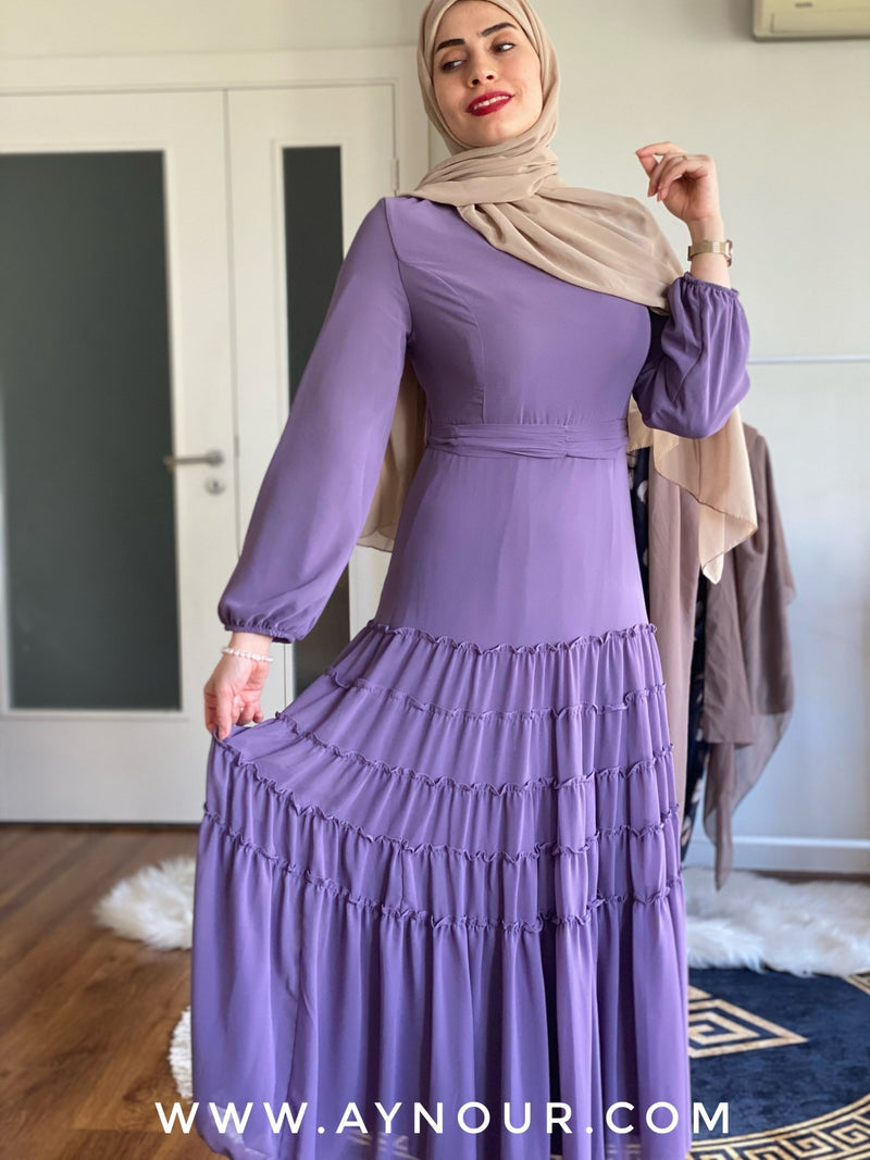 Tulip light purple Modest Dress with belt spring collection 2021 - Aynour.com