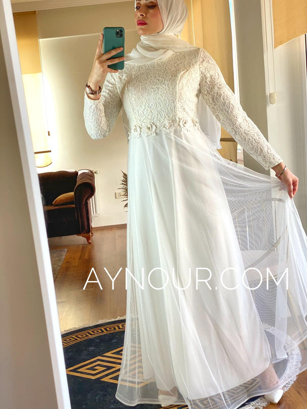 White flowers regular and plus size Modest Dress 2020 - Aynour.com