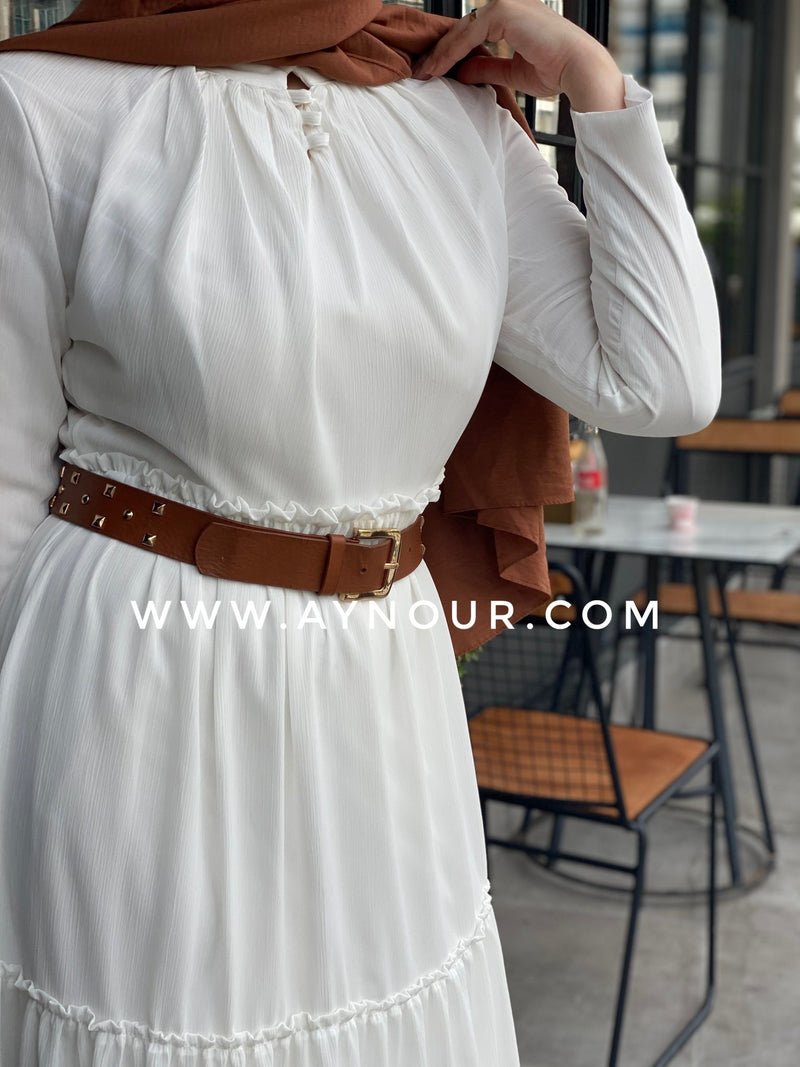 White stylish fully lined chiffon Modest Dress - Aynour.com