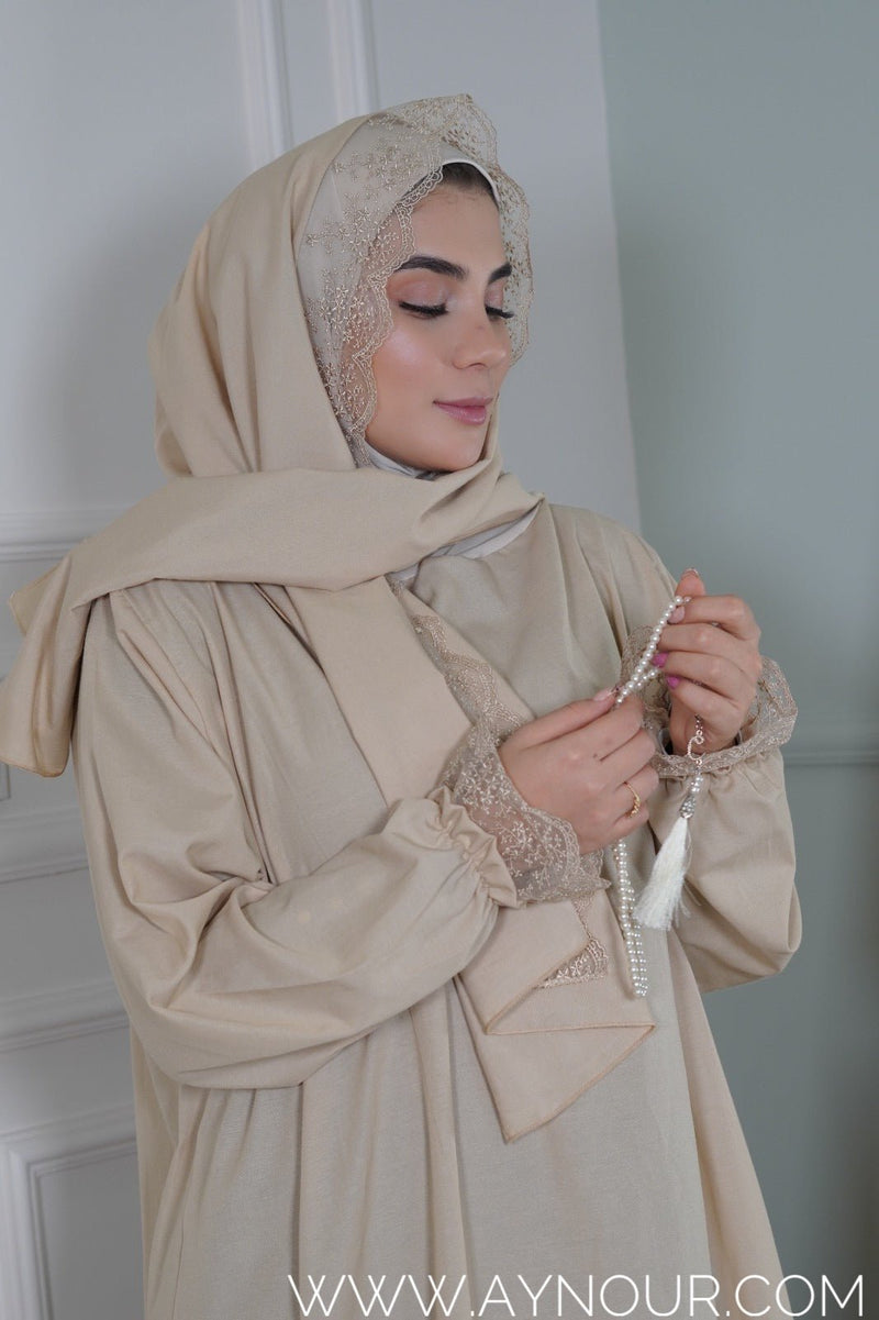 Yaqeen Prayer 1Piece Headscarf and long jilbab attached Islamic Hijab Luxurious with dantel - Aynour.com